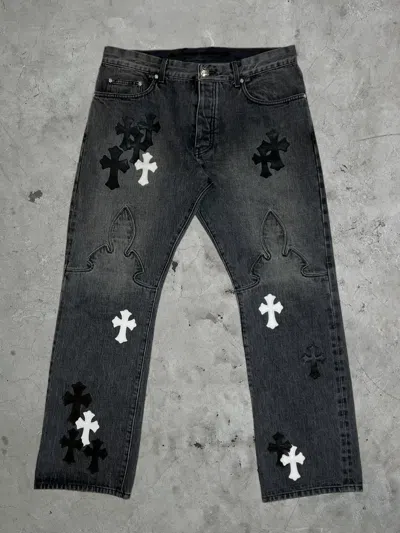 Pre-owned Chrome Hearts Leather Patch Fleur Denim Pants In Grey