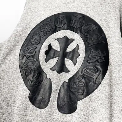 Pre-owned Chrome Hearts Leather Patch Horseshoe Spellout Hoodie In Heaher Gray