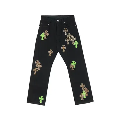 Pre-owned Chrome Hearts Leopard Green Leather Cross Patch Jeans In Multicolor