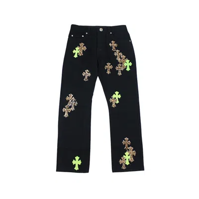 Pre-owned Chrome Hearts Men's  Green & Leopard Cross Patch Jeans In Black