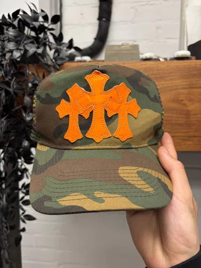 Pre-owned Chrome Hearts Orange ‘cemetery' Leather Cross Patch Camo Trucker Hat In Green