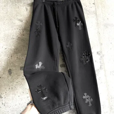 Pre-owned Chrome Hearts Patent Leather Pony Hair Cemetery Cross Patch Sweatpants In Black
