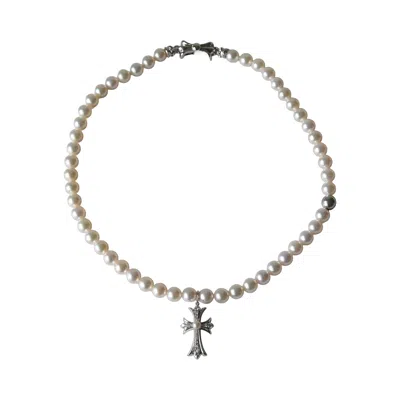 Chrome Hearts Pearl Necklace With Tiny Ch Cross Strass Pendant Silver