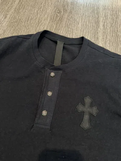 Pre-owned Chrome Hearts Premium Leather Cross Silver Button Henley Tee In Black