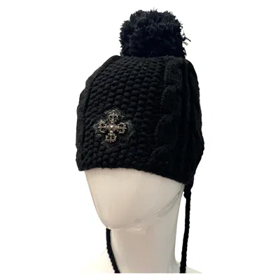 Pre-owned Chrome Hearts Rare Cashmere Knit Silver Leather Patch Beanie In Black
