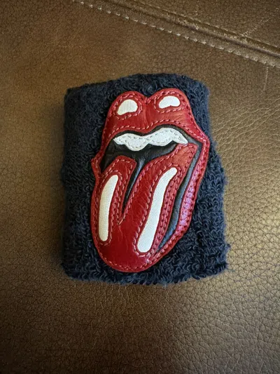 Pre-owned Chrome Hearts Rolling Stones Lips Leather Patch Wristband In Black