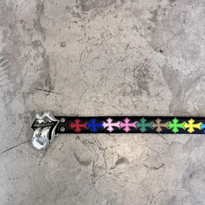 Pre-owned Chrome Hearts Rolling Stones Multi Color Cross Patches Belt In Black