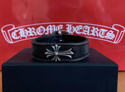 Pre-owned Chrome Hearts Silver Cross Leather Bracelet In Black