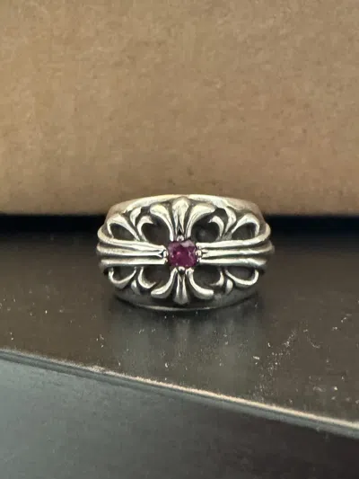 Pre-owned Chrome Hearts Silver Floral Cross Ring Aftermarket Ruby