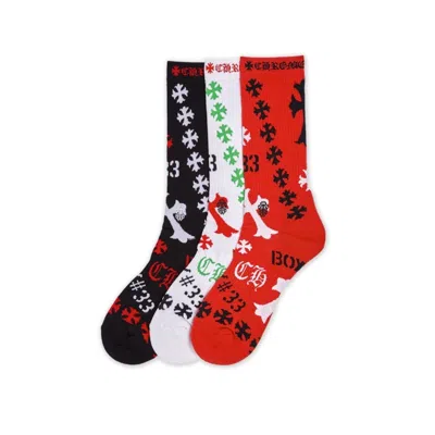 Pre-owned Chrome Hearts Stencil Socks (3 Pack) In Black/white/red