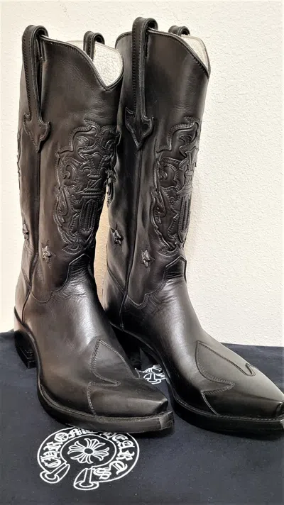 Pre-owned Chrome Hearts Sterling Silver Studded Cowboy Leather Boots In Black