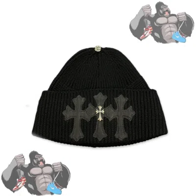 Pre-owned Chrome Hearts Triple Cross Patch With Sliver Cashmere Beanie In Black
