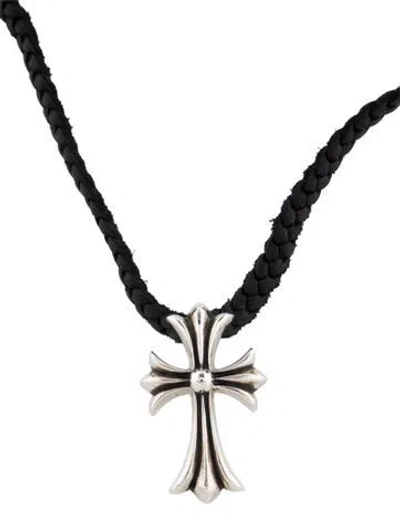 Pre-owned Chrome Hearts Vintage Leather Cross Pendant Necklace, 36.25" In Black