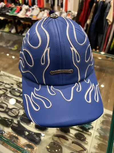 Pre-owned Chrome Hearts Vip Leather Flame Baseball Cap Blue Hat