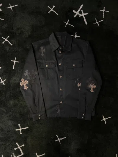 Pre-owned Chrome Hearts Work Dog - Leather Leopard Cross Patch Jacket In Black