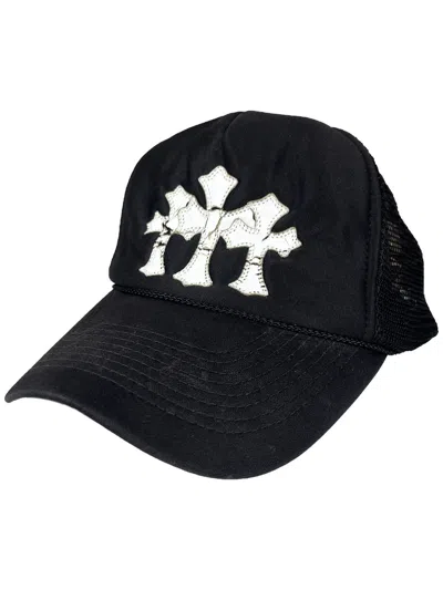 Pre-owned Chrome Hearts X Vintage Chrome Hearts Triple Cross Cemetery Patch Trucker Hat In Black