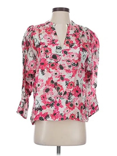 Pre-owned Chufy 3/4 Sleeve Silk Top Pink Floral Pattern Open Neckline Tops