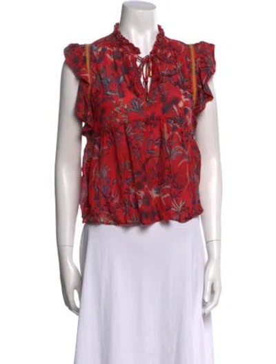 Pre-owned Chufy Floral Print Tie Neck Crop Top In Red