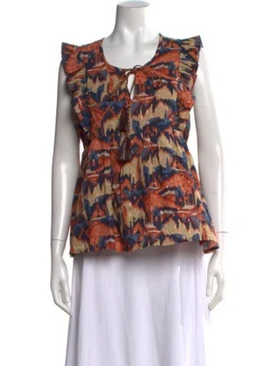 Pre-owned Chufy Patterned Tie Neck Top In Blue/orange