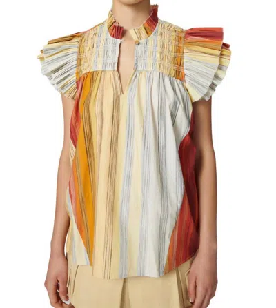 Chufy Rose Organic Pleated Top In Palm Dye Stripes Red In Multi