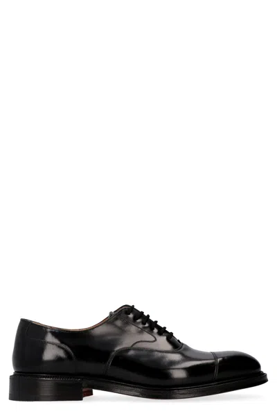 Church's Men's Black Leather Lace-up Derby Dress Shoes With Decorative Stitching And Round Toeline