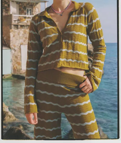 Ciao Ciao Vacation Bella Knit Poppy Jumper Top In Golden Ochre With White Stripes In Brown