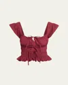Ciao Lucia Katrin Smocked Drawstring Crop Top In Burgundy