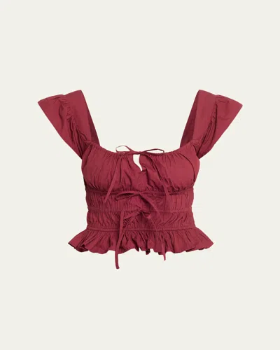 Ciao Lucia Katrin Smocked Drawstring Crop Top In Burgundy