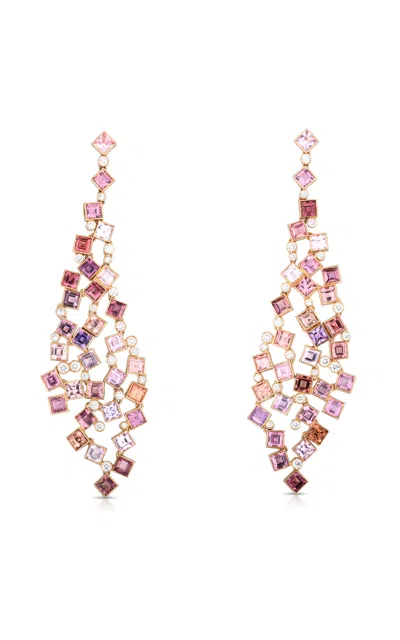 Cicada 18k Yellow Gold Multi-color Sapphire Wave Chandeiler Earrings In Pink