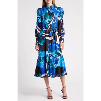 Ciebon Adele Floral Print Long Sleeve Midi Dress In Blue Multi
