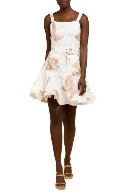 Ciebon Alivia Belted Fit & Flare Minidress In Off White/tan