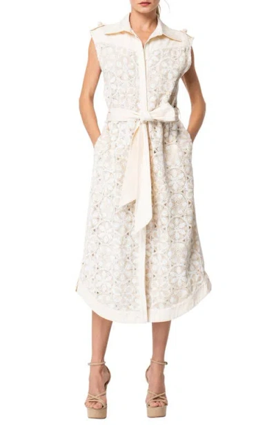 Ciebon Amber Crochet Inset Sleeveless Tie Belt Cotton Blend Shirtdress In White