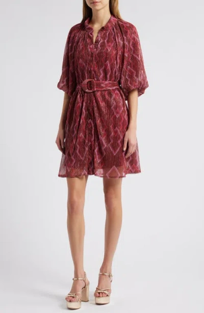 Ciebon Aniston Metallic Belted Plissé Shirtdress In Red Multi