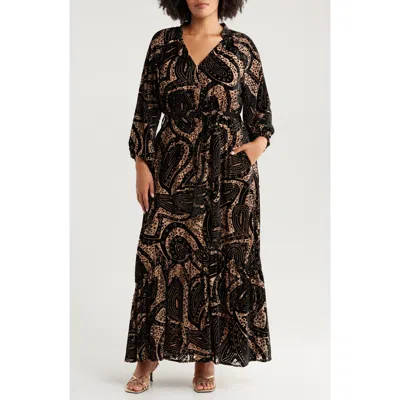 Ciebon Aria Long Sleeve Burnout Velvet Maxi Dress In Black Mlt