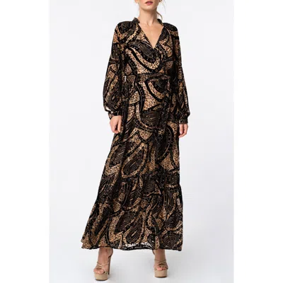 Ciebon Aria Tie Belt Long Sleeve Burnout Faux Wrap Velvet Dress In Black Multi