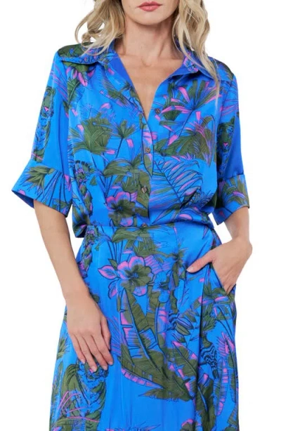 Ciebon Aurelia Palm Print Elbow Sleeve Button-up Shirt In Blue