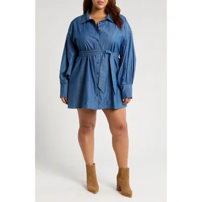 Ciebon Belted Long Sleeve Cotton Chambray Shirtdress In Blue