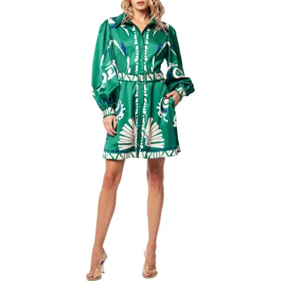 Ciebon Billy Long Sleeve Satin Shirtdress In Olive Multi