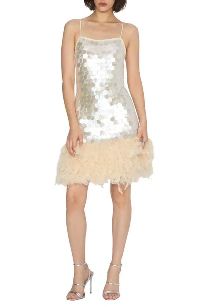 Ciebon Blanche Sequin Feather Trim Minidress In Pearl