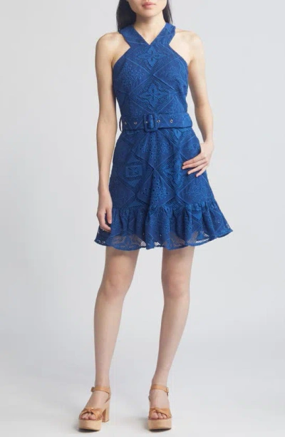 Ciebon Braylee Lace Eyelet Belted Sleeveless Minidress In Navy