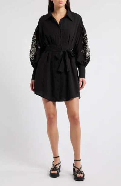 Ciebon Brielle Embroidered Long Sleeve Shirtdress In Black