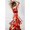 Ciebon Calix Floral Dot Jacquard Tiered Satin Maxi Dress In Red
