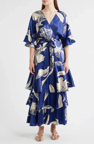 Ciebon Calix Floral Dot Jacquard Tiered Satin Maxi Dress In Blue