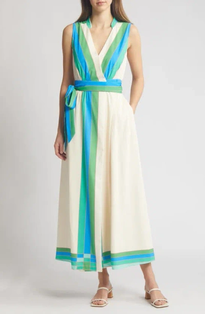 Ciebon Carmine Tie Belt Sleeveless Maxi Wrap Dress In Ivory/ Green Multi