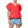 Ciebon Celsey Embroidered Cotton Puff Sleeve Top In Red Pink