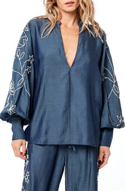 Ciebon Charli Embroidered Sleeve Top In Blue