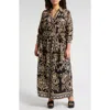 Ciebon Chiara Abstract Floral Long Sleeve Maxi Shirtdress In Black