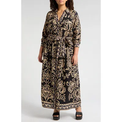 Ciebon Chiara Abstract Floral Long Sleeve Maxi Shirtdress In Black