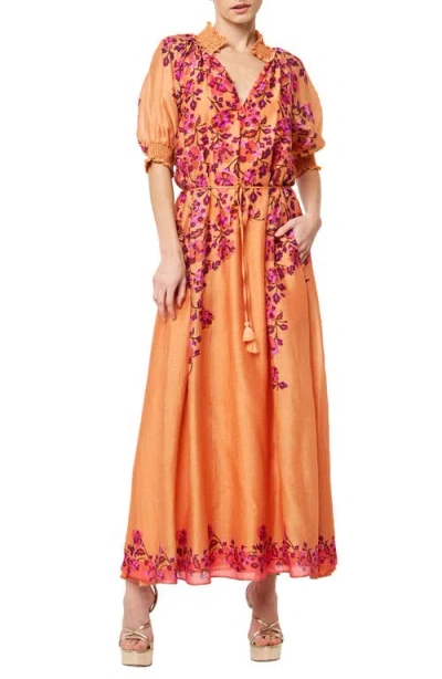 Ciebon Cicile Puff Sleeve Embroidered Maxi Dress In Coral Blush