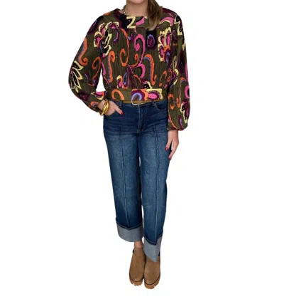 Ciebon Crop Long Sleeve Top In Green Multi